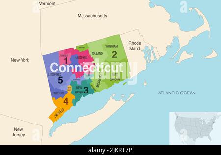 Contee dello stato del Connecticut colorate da una mappa vettoriale dei distretti del Congresso con stati e terrotorie vicini Illustrazione Vettoriale
