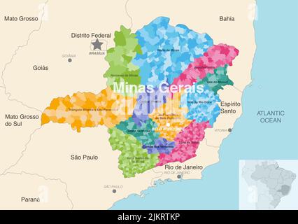 Brasile stato Minas Gerais mappa amministrativa che mostra i comuni colorati per regioni di stato (mesoregioni) Illustrazione Vettoriale