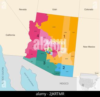 Le contee dello stato dell'Arizona colorate dalla mappa vettoriale dei distretti congressuali con gli stati vicini e le terrotorie Illustrazione Vettoriale
