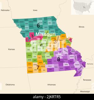 Le contee dello stato del Missouri sono colorate da una mappa vettoriale dei distretti del Congresso con gli stati vicini e le terrotorie Illustrazione Vettoriale
