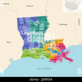 Le contee dello stato della Louisiana colorate da una mappa vettoriale dei distretti del Congresso con gli stati vicini e le terrotorie Illustrazione Vettoriale