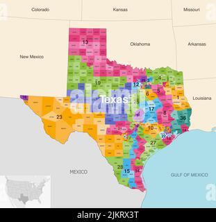 Le contee dello stato del Texas sono colorate da una mappa vettoriale dei distretti del Congresso con gli stati vicini e le terrotorie Illustrazione Vettoriale