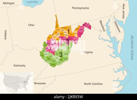 Le contee dello stato della Virginia occidentale sono colorate da una mappa vettoriale dei distretti del Congresso con gli stati vicini e le terrotorie Illustrazione Vettoriale