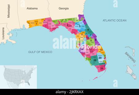 Le contee dello stato della Florida sono colorate da una mappa vettoriale dei distretti del Congresso con gli stati vicini e le terrotorie Illustrazione Vettoriale