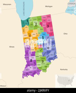Le contee dello stato dell'Indiana sono colorate da una mappa vettoriale dei distretti del Congresso con gli stati vicini e le terrotorie Illustrazione Vettoriale