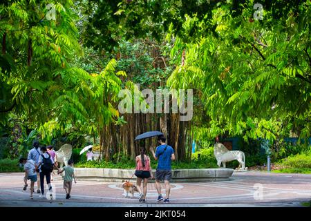 Un gruppo di visitatori che camminano nel giardino vicino alla baia, circondato da una vegetazione incantevole che è buono per la salute mentale. Singapore. Foto Stock