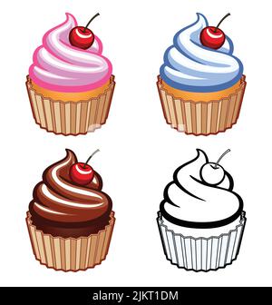 vari classici cupcake cartoon yummy con set di ciliegie di 4 vettore torta dessert isolato su sfondo bianco Illustrazione Vettoriale