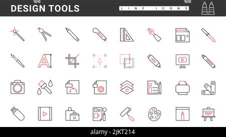 Strumenti di progettazione digitale icone sottili di linea rossa e nera Imposta illustrazione vettoriale. Disegno astratto pennello e ritaglio, matita e penna cursore manipolazione, software shop per portfolio e progetti grafici Illustrazione Vettoriale