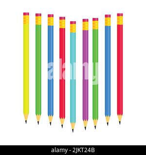 Matite colorate che posano in fila. Linea ondulata realizzata con punte a matita. Set di pastelli per illustrazioni, arte, studio. Vactor Illustrazione Vettoriale