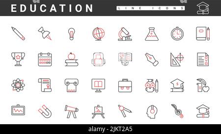 Scuola e università di studio, istruzione e scienza sottile rosso e nero icone linea set illustrazione vettoriale. Tecnologia di formazione astratta, tutorial internet e simboli digitali della biblioteca, laureati Illustrazione Vettoriale