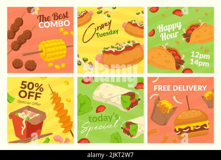 Offerta di cibo per i ristoranti presso il post set dei social media Illustrazione Vettoriale