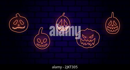 Set di zucche al neon di Halloween con volti spaventosi sorridenti. Illustrazione vettoriale per poster di design, striscioni, stampe. Illustrazione Vettoriale