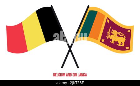 Bandiere del Belgio e dello Sri Lanka incrociate ed ondeggianti stile piatto. Proporzione ufficiale. Colori corretti Illustrazione Vettoriale