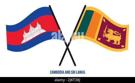 Cambogia e Sri Lanka Bandiere attraversate e ondeggianti stile piatto. Proporzione ufficiale. Colori corretti Illustrazione Vettoriale