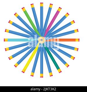Matite colorate che posano in fila. Linea ondulata realizzata con punte a matita. Set di pastelli per illustrazioni, arte, studio. Vactor Illustrazione Vettoriale