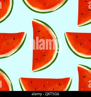 Modello senza giunture con iIllustration un cocomero slice su uno sfondo blu Illustrazione Vettoriale