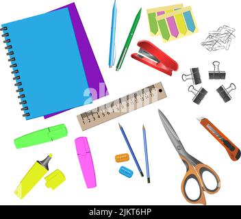 Set di cancelleria colorata per ufficio e scuola , forbici, coltello, penna, matita, notebook, righello, marcatore. Isolato su sfondo bianco vettore illustra Illustrazione Vettoriale