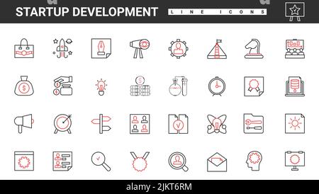 Sviluppo di startup aziendali icone sottili di linea rossa e nera Imposta illustrazione vettoriale. Analisi astratta del target marketing e brainstorming, strategia creativa, mentalità e visione per il lancio del prodotto Illustrazione Vettoriale