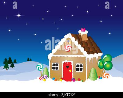 Illustrazione vettoriale di una scena di neve casa di pan di zenzero con cielo pieno di stelle. Illustrazione Vettoriale