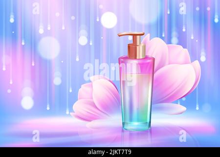 Flacone cosmetico di sapone liquido, shampoo o illustrazione vettore gel. Confezione da 3D con dispenser in oro, prodotto per la cura della pelle, petali di fiori rosa e pioggia di particelle con fondo bokeh Illustrazione Vettoriale