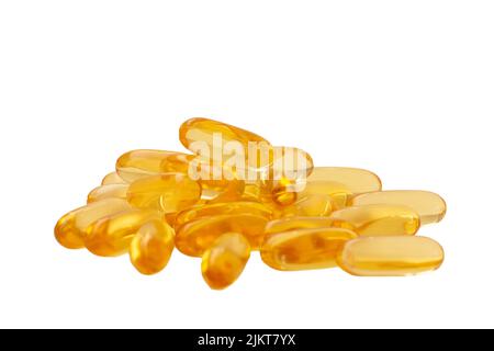 Olio di pesce, omega 3 e capsule di vitamina D su sfondo bianco (isolatr) Foto Stock