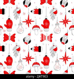 Natale albero giocattoli senza cuciture modello. Elementi decorativi di doodle, oggetti natalizi di vacanza, bulbi appesi e guanti. Decorazione tessile, carta da imballaggio Illustrazione Vettoriale