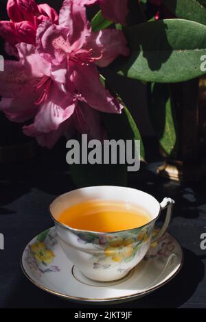 teacup vintage con tè camomilla e rosa rododendro fiore sfondo scuro Foto Stock