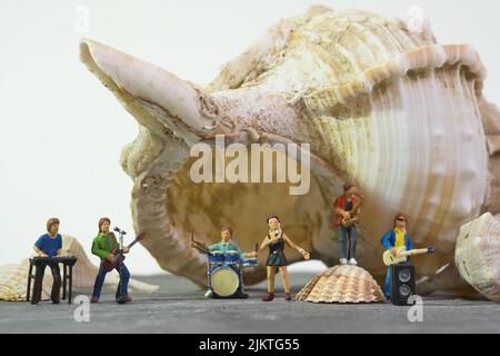 Band musicale di fronte a una conchiglia gigante, primo piano con sfondo bianco Foto Stock