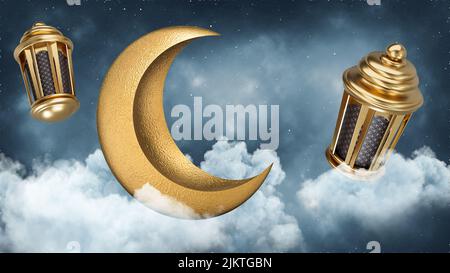 EID Mubarak carte per le vacanze musulmane Eid UL Adha festival Ramadan Kareem sfondo Crescent Luna e Lanterna fulmini in SKY 3D illustrazione Foto Stock