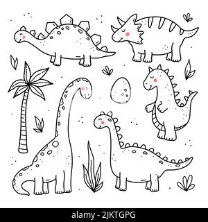 Set di simpatici dinosauri e piante isolati su sfondo bianco. Illustrazione vettoriale disegnata a mano in stile doodle. Perfetto per carte, logo, decorazioni. Personaggi cartoni animati, animali da bambino. Illustrazione Vettoriale