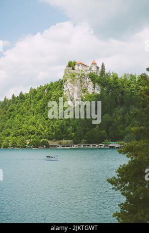 Uno scatto verticale di alcune case poste su una scogliera circondata da alberi sullo sfondo delle montagne. Foto Stock