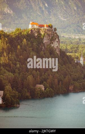 Uno scatto verticale di alcune case poste su una scogliera circondata da alberi sullo sfondo delle montagne. Foto Stock