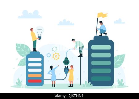 Powerbank, ricarica del dispositivo con tecnologia di ricarica illustrazione vettoriale. Cartoon persone piccole che tengono spina e presa su cavi lunghi, squadra di personaggi carica enorme batteria con basso livello di energia di carica Illustrazione Vettoriale