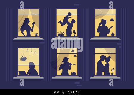 Finestre di appartamenti di casa con silhouette di persone vicini dietro tende illustrazione vettoriale. Le scene di vita dei cartoni animati dei personaggi maschili femminili trascorrono del tempo alla sera in cornice dell'edificio esterno Illustrazione Vettoriale