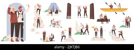 Coppia di personaggi turistici che mostrano diverse pose e gesti impostare illustrazione vettoriale. Cartoon ported uomo e donna camper escursioni, arrampicata con bandiera, campo avventura di persone isolate su bianco Illustrazione Vettoriale