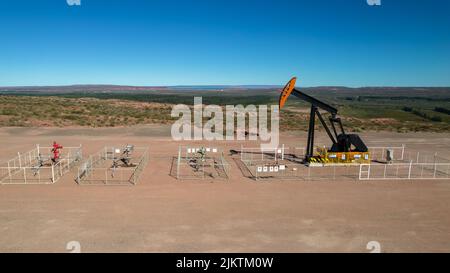 Posizione con pozzetto di estrazione dell'olio e pozzetto di iniezione dell'acqua secondaria. Vaca Muerta (Argentina) Foto Stock