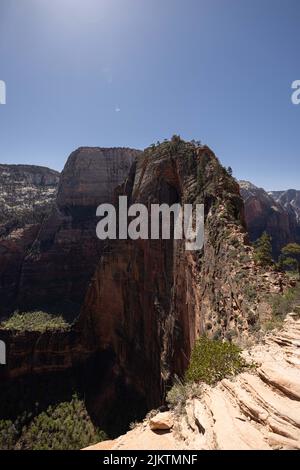 Uno scatto verticale delle enormi formazioni rocciose nel Parco Nazionale di Zion. Utah, Stati Uniti. Foto Stock