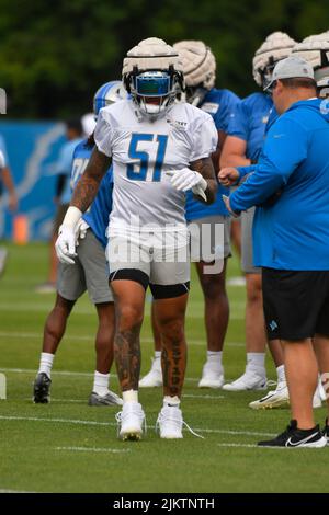 ALLEN PARK, MI - 03 AGOSTO: Detroit Lions LB Josh Woods (51) durante il campo di formazione Lions il 3 agosto 2022 presso il campo di formazione Detroit Lions a Allen Park, MI (foto di Allan Dranberg/CSM) Foto Stock