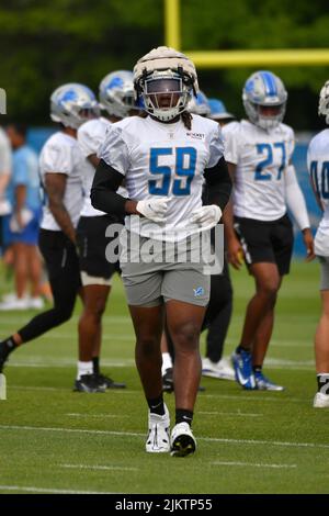 ALLEN PARK, MI - 03 AGOSTO: Detroit Lions LB James Houston (59) in azione durante il campo di formazione Lions il 3 agosto 2022 presso il campo di formazione Detroit Lions a Allen Park, MI (foto di Allan Dranberg/CSM) Foto Stock