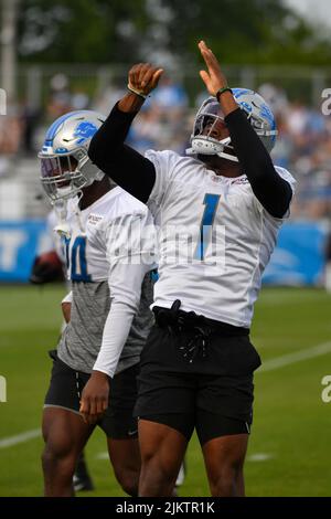 ALLEN PARK, MI - AGOSTO 03: Detroit Lions CB Jeff Okudah (1) in azione durante il campo di formazione Lions il 3 agosto 2022 al Detroit Lions Training Camp di Allen Park, MI (foto di Allan Dranberg/CSM) Foto Stock