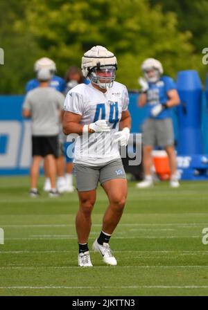 ALLEN PARK, MI - AGOSTO 03: Detroit Lions LB Malcolm Rodriguez (44) in azione durante il campo di formazione Lions il 3 agosto 2022 al Detroit Lions Training Camp di Allen Park, MI (foto di Allan Dranberg/CSM) Foto Stock