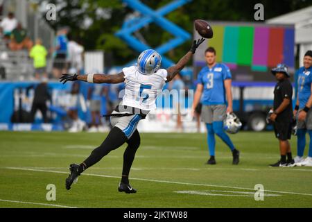 ALLEN PARK, MI - AGOSTO 03: Detroit Lions S DeShon Elliott (5) in azione durante il campo di formazione Lions il 3 agosto 2022 al Detroit Lions Training Camp di Allen Park, MI (foto di Allan Dranberg/CSM) Foto Stock