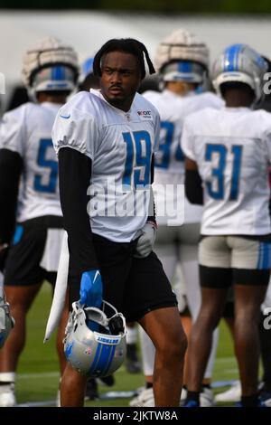 ALLEN PARK, MI - 03 AGOSTO: Detroit Lions CB Saigon Smith (19) durante il campo di formazione Lions il 3 agosto 2022 presso il campo di formazione Detroit Lions a Allen Park, MI (foto di Allan Dranberg/CSM) Foto Stock