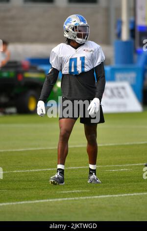 ALLEN PARK, MI - 03 AGOSTO: Detroit Lions CB AJ Parker (41) durante il campo di formazione Lions il 3 agosto 2022 presso il campo di formazione Detroit Lions a Allen Park, MI (foto di Allan Dranberg/CSM) Foto Stock