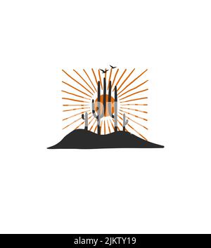 Disegno a mano astratto vettore grafico clipart illustrazione boho Western stampa design, cactus e Sunset.Western logo design concept.Bohemian selvaggio West Illustrazione Vettoriale
