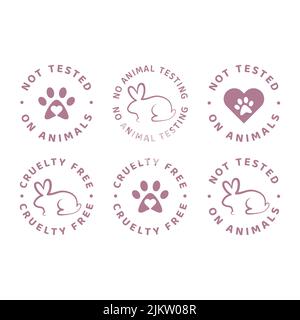 Non testato su set di etichette per animali. Badge circolare cruelty gratuito con stampa di zampe di cani e coniglio. Illustrazione Vettoriale