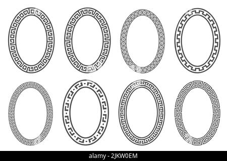 Set di telai ovali con chiave greca. Bordi del cerchio con ornamenti del meandro. Ellisse disegni antichi. Vettore Illustrazione Vettoriale