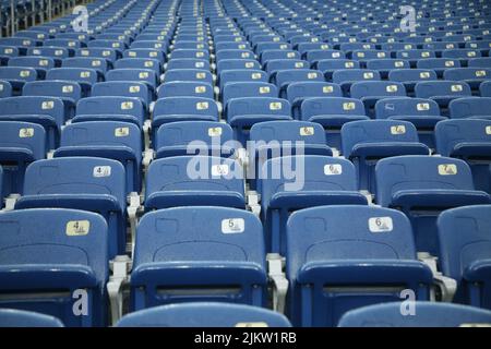 Posti a sedere Blue Empty al Gillette Stadium di Foxborough, Massachusetts Foto Stock