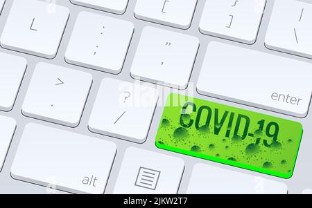 Una tastiera bianca con tasto verde scritto con il virus della pandemia di Covid-19.COVID-19 o Coronavirus sulla tastiera del tasto invio in colore verde A. Foto Stock