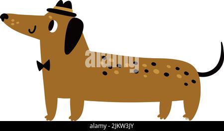 Cute dachshund in cappello e cravatta ad arco. Divertente cane wiener Illustrazione Vettoriale